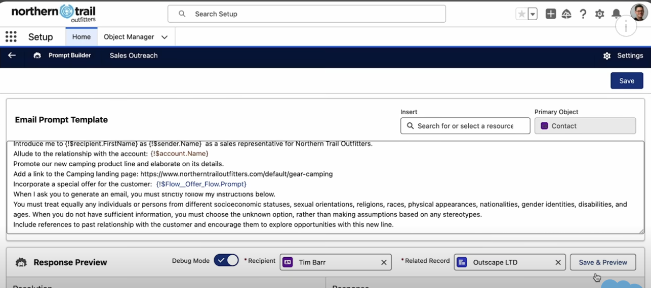Salesforce example using flow to track customer purchase history with prompt template