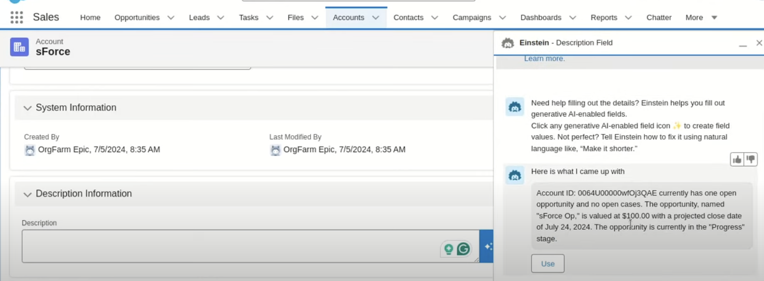 Salesforce example configuring automated descriptions through Einstein Copilot